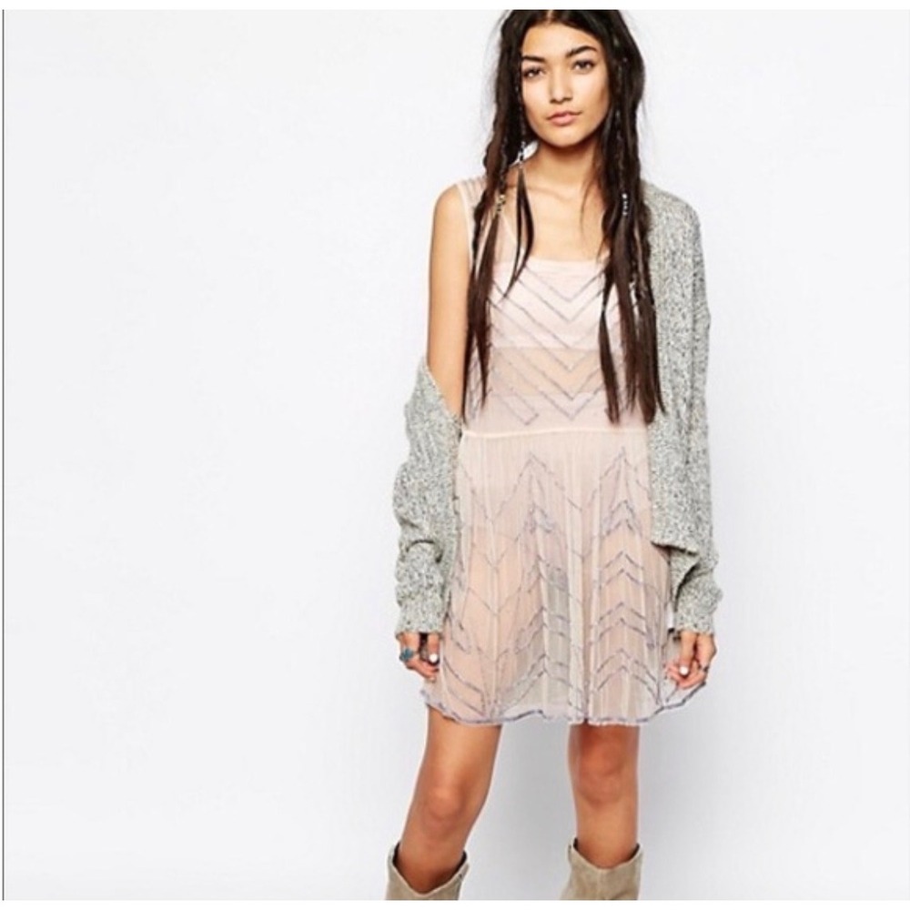 Free People Cream Beaded Chevron Mesh Slip Dress Sleeveless Sheer Mini Large